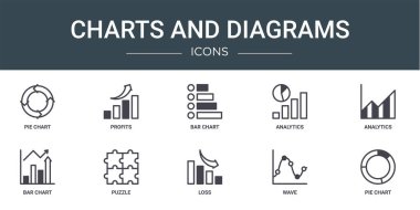 Pasta grafiği, kar, bar grafiği, analitik, analitik, bar grafiği, rapor için bulmaca vektör simgeleri, sunum, diyagram, web tasarımı, mobil uygulama gibi 10 ana hatlı grafik ve diyagram simgesi seti