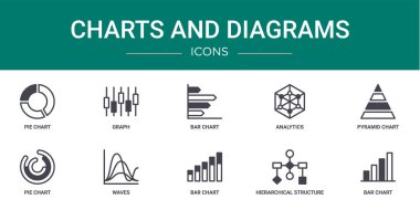 Pasta grafiği, grafik, bar grafiği, analitik, piramit grafiği, rapor için pasta dalgası vektör simgeleri, sunum, diyagram, web tasarımı, mobil uygulama gibi 10 ana hatlı grafik ve diyagram simgesi kümesi