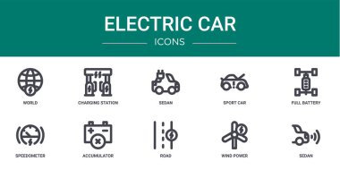 Dünya, şarj istasyonu, sedan, spor araba, tam batarya, hız göstergesi, akümülatör vektör simgeleri, rapor, sunum, diyagram, web tasarımı, mobil