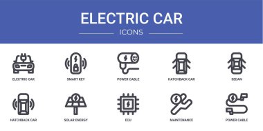 Elektrikli araba, akıllı anahtar, elektrik kablosu, hatchback araba, sedan, hatchback güneş enerjisi ikonlarının sunumu, diyagramı, web tasarımı, mobil tasarımı gibi 10 ana hatlı elektrikli araba ikonu seti