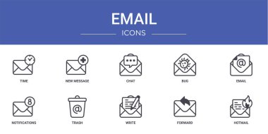 Zaman, yeni ileti, sohbet, hata, e-posta, bildirim, rapor için çöp vektör simgeleri, sunum, diyagram, web tasarımı, mobil uygulama gibi 10 ana hatlı e- posta simgesi kümesi