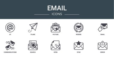 Rapor, sunum, diyagram, web tasarımı, mobil uygulama gibi 10 ana hatlı web e- posta simgesi seti
