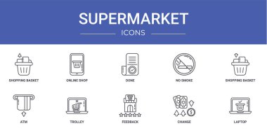 Rapor, sunum, diyagram, web tasarımı, mobil uygulama gibi 10 ana hatlı süpermarket simgesi seti: Alışveriş sepeti, alışveriş sepeti, ATM, tramvay vektör simgesi yok