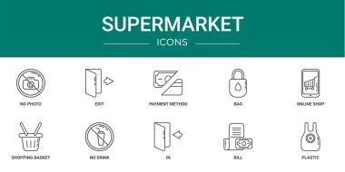 Fotoğraf, çıkış, ödeme yöntemi, çanta, çevrimiçi dükkan, alışveriş sepeti, rapor için içecek vektör simgesi yok, sunum, diyagram, web tasarımı, mobil uygulama gibi 10 ana hatlı süpermarket simgesi seti