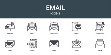 Rapor için posta kutusu, nakit, açık posta, e-posta, parşömen, e-posta, pul vektör simgeleri, sunum, diyagram, web tasarımı, mobil uygulama gibi 10 ana hatlı e- posta simgesi seti