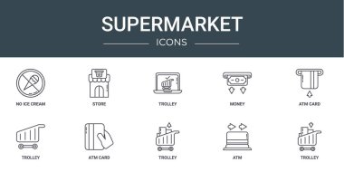 Rapor, sunum, diyagram, web tasarımı, mobil uygulama gibi 10 ana hatlı süpermarket simgesi, dondurma, depo, tramvay, para, atm kartı, tramvay, atm kart vektör simgesi yok