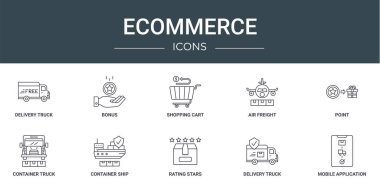 Rapor, sunum, diyagram, web tasarımı gibi 10 ana hatlı web ekomünikon seti, dağıtım kamyonu, alışveriş arabası, hava taşımacılığı, nokta, konteyner kamyonu, taşıyıcı gemi vektör simgeleri,