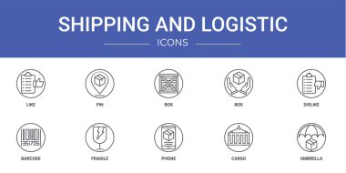 Rapor, sunum, diyagram, web tasarımı, mobil uygulama gibi 10 ana hatlı web taşıma ve lojistik simge kümesi, pin, kutu, kutu, sevmeme, barkod, kırılgan vektör simgeleri