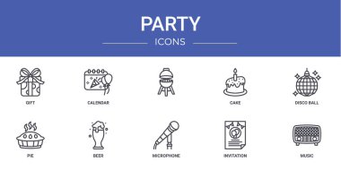 Rapor için hediye, takvim, pasta, disko topu, turta, bira vektör simgeleri, sunum, diyagram, web tasarımı, mobil uygulama gibi 10 ana hatlı web parti simgesi seti