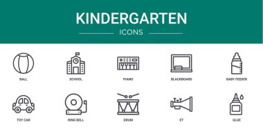 Rapor için top, okul, piyano, karatahta, bebek besleyicisi, oyuncak araba, halka çan vektör simgeleri, sunum, diyagram, web tasarımı, mobil uygulama gibi 10 ana okulu simgesi seti