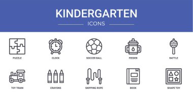 Bilmece, saat, futbol topu, besleyici, çıngırak, oyuncak tren, rapor için boya kalemleri vektör simgeleri, sunum, diyagram, web tasarımı, mobil uygulama gibi 10 ana okulu simgesi seti