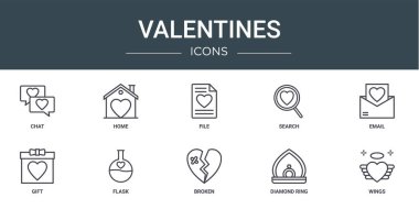 Rapor için sohbet, ev, dosya, arama, e-posta, hediye, matara vektör simgeleri, sunum, diyagram, web tasarımı, mobil uygulama gibi 10 ana hatlı sevgililer günü simgesi seti