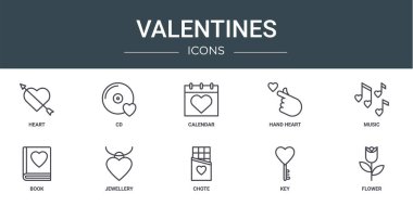Rapor için kalp, cd, takvim, el kalbi, müzik, kitap, mücevher vektör simgeleri, sunum, diyagram, web tasarımı, mobil uygulama gibi 10 ana hatlı internet sevgililer günü simgesi seti