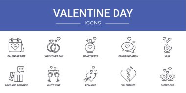 Takvim tarihi, sevgililer günü, kalp atışları, iletişim, kupa, aşk ve romantizm, rapor için beyaz şarap vektör simgeleri, sunum, diyagram, web gibi 10 ana hatlı sevgililer günü simgesi