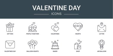 Hediye kutusu, insanlar, sevgililer günü, kalpler, mektup, sevgililer günü, balon kalp vektör ikonları gibi 10 ana hatlı sevgililer günü ikonu sunumu, diyagramı, web tasarımı gibi,