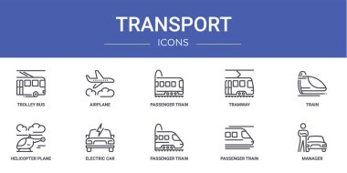 Rapor için tramvay, uçak, yolcu treni, tramvay, tren, helikopter uçağı, elektrikli araba vektör simgeleri, sunum, diyagram, web tasarımı gibi 10 ana hatlı ağ taşıma simgesi seti,