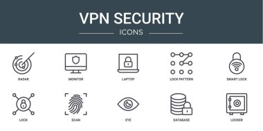 Rapor, sunum, diyagram, web tasarımı, mobil uygulama gibi 10 ana hatlı web vpn güvenlik simgesi seti