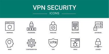 Rapor için web sayfası, şifre, asma kilit, cep telefonu, veritabanı, zihin, yapılandırma vektör simgeleri, sunum, diyagram, web tasarımı, mobil uygulama gibi 10 ana hatlı vpn güvenlik simgesi seti