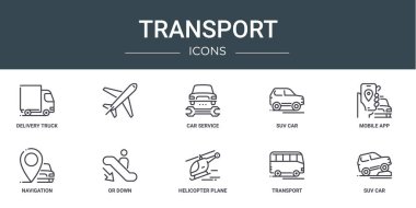 Rapor, sunum, diyagram, web tasarımı, mobil uygulama, SUV car, mobil uygulama, navigasyon veya aşağı vektör simgeleri gibi 10 ana hatlı taşıma simgesi seti