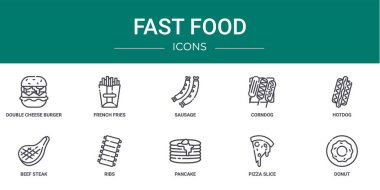Çift peynirli burger, patates kızartması, sosis, corndog, hot dog, biftek, kaburga vektör simgeleri gibi 10 ana hatlı fast food ikonu seti sunum, diyagram, web tasarımı, mobil uygulama