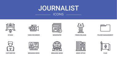 Stüdyo, video kaydedici, gazete, basın açıklaması, klasör yönetimi, metin yazarı, haber için son dakika haber vektör simgeleri, sunum, diyagram, web gibi 10 ana hatlı web gazetecisi simgesi