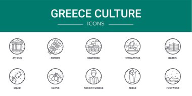 Rapor, sunum, diyagram, web tasarımı, mobil uygulama gibi 10 ana hatlı web Yunan kültür simgesi seti: athens, şiş, santorini, hephaestus, fıçı, kalamar, zeytin vektörü simgeleri