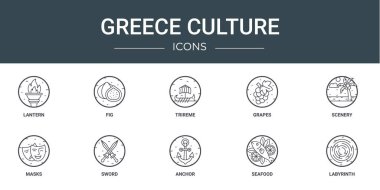 Fener, incir, trireme, üzüm, manzara, maskeler, rapor için kılıç vektör simgeleri, sunum, diyagram, web tasarımı, mobil uygulama gibi 10 ana hatlı web kültür ikonu seti