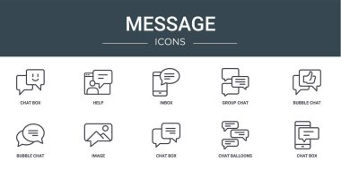 Sohbet kutusu, yardım, gelen kutusu, grup sohbeti, baloncuk resim vektör simgeleri, rapor, sunum, diyagram, web tasarımı, mobil uygulama gibi 10 ana hatlı ileti simgesi seti