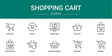 Kontrol, güncelleme, çevrimiçi dükkan, ekleme seti, paket, alışveriş çantası, rapor için güncelleme vektör simgeleri, sunum, diyagram, mobil uygulama gibi 10 ana hatlı web alışveriş arabası simgesi seti
