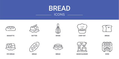 Baget, tereyağı, çırpı, şef şapkası, ekmek, çavdar ekmeği, rapor için vektör simgeleri, sunum, diyagram, web tasarımı, mobil uygulama gibi 10 ana hatlı web ekmek simgesi seti
