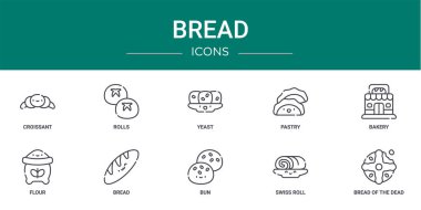 Ayçöreği, rulo, maya, hamur işi, fırın, un, rapor için ekmek vektör simgeleri, sunum, diyagram, web tasarımı, mobil uygulama gibi 10 ana hatlı web ekmek simgesi seti