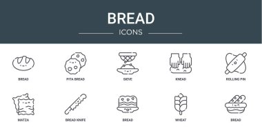 Rapor, sunum, diyagram, web tasarımı, mobil uygulama gibi 10 ana hatlı web ekmek ikonu seti: Ekmek, pita ekmek, süzgeç, yoğurma, merdane, mata, bıçak vektör simgeleri