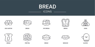 Yumurta karton, ekmek, çavdar ekmeği, fırın, rapor, sunum, diyagram, web tasarımı, mobil uygulama gibi 10 ana hatlı web ekmek ikonu seti