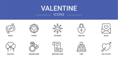 Müzik, hedef, ağ, asma kilit, posta, balon, rapor için alyans vektör simgeleri, sunum, diyagram, mobil uygulama gibi 10 ana hatlı sevgililer günü simgesi