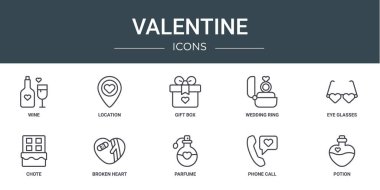 Rapor için şarap, konum, hediye kutusu, alyans, gözlük, chote, kırık kalp vektör simgeleri, sunum, diyagram, web tasarımı, mobil uygulama gibi 10 ana hatlı sevgililer günü simgesi seti