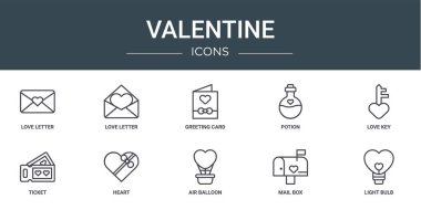Aşk mektubu, aşk mektubu, tebrik kartı, iksir, aşk anahtarı, bilet, rapor için kalp vektör simgeleri, sunum, diyagram, web tasarımı, mobil uygulama gibi 10 ana hatlı sevgililer günü simgesi