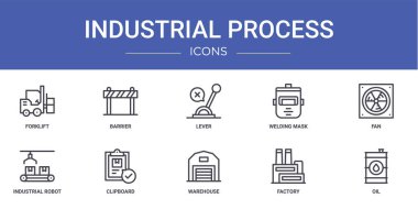 Forklift, bariyer, kaldıraç, kaynak maskesi, fan, endüstriyel robot, rapor için pano vektör simgeleri, sunum, diyagram, web tasarımı, mobil uygulama gibi 10 ana hatlı sanayi süreci simgesi seti