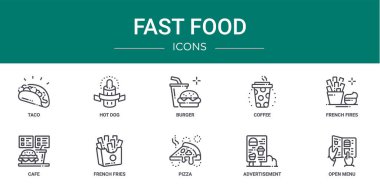 Rapor için tako, hot dog, burger, kahve, fransız ateşi, kafe, patates kızartması vektör ikonları, sunum, diyagram, web tasarımı, mobil uygulama gibi 10 ana hatlı fast food ikonu seti