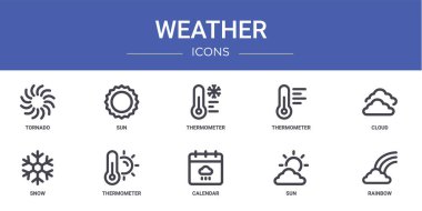 Rapor için tornado, güneş, termometre, termometre, bulut, kar, termometre vektör simgeleri, sunum, diyagram, web tasarımı, mobil uygulama gibi 10 ana hatlı hava durumu ikonu seti