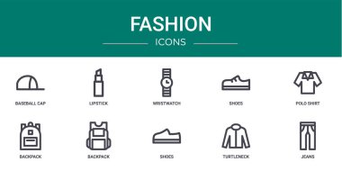Beyzbol şapkası, ruj, kol saati, ayakkabı, polo gömlek, sırt çantası, rapor için sırt çantası vektör simgeleri, sunum, diyagram, web tasarımı, mobil uygulama gibi 10 ana hatlı web moda simgesi seti