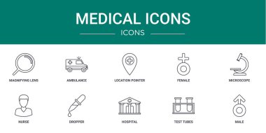 Rapor, sunum, diyagram, web tasarımı, mobil tasarım gibi 10 ana hatlı tıbbi simge seti: büyüteç, ambulans, konum gösterici, kadın, mikroskop, hemşire, indirme vektörü simgeleri