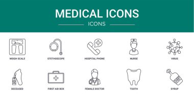 Ağırlık ölçeği, steteskop, hastane telefonu, hemşire, virüs, merhum, rapor için ilk yardım kutusu ikonları, sunum, diyagram, web tasarımı, mobil tasarım gibi 10 ana hatlı tıbbi simge seti