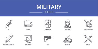 Ak, kamyon, dinamit, ordu, asker künyesi, roket atar, rapor için strateji vektör simgeleri, sunum, diyagram, web tasarımı, mobil uygulama gibi 10 ana hatlı askeri simge seti