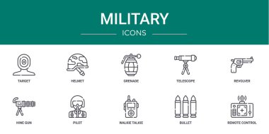 Hedef, miğfer, el bombası, teleskop, revolver, hine gun, rapor için pilot vektör simgeleri, sunum, diyagram, mobil uygulama gibi 10 ana hatlı web askeri simgesi seti
