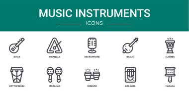 Rapor, sunum, diyagram, web tasarımı, mobil uygulama gibi sitar, üçgen, mikrofon, banjo, djembe, kettledrum, maracas vektör simgeleri gibi 10 ana hatlı müzik enstrümanı simgesi seti