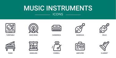 Rapor, sunum, diyagram, web tasarımı, mobil uygulama gibi 10 ana hatlı web müzik enstrümanı simgesi seti: turntable, bass drum, mızıka, mandolin, çello, piyano, angklung vektör simgeleri