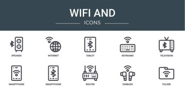 Rapor, sunum, diyagram, web tasarımı, mobil uygulama, klavye, televizyon, akıllı telefon, akıllı telefon vektör simgeleri gibi 10 ana hatlı web Wi ve simge seti