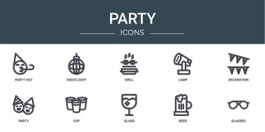 Rapor için parti şapkası, disko ışığı, ızgara, lamba, dekorasyon, parti, fincan vektör simgeleri, sunum, diyagram, web tasarımı, mobil uygulama gibi 10 ana hatlı web parti simgesi seti