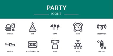 Rapor, sunum, diyagram, web tasarımı, mobil uygulama gibi 10 ana hatlı web parti simgesi seti