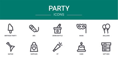 Doğum günü partisi, mikrofon, içecek şişesi, maske, balon, gitar, rapor, sunum, diyagram, mobil uygulama gibi 10 ana hatlı web parti simgesi seti
